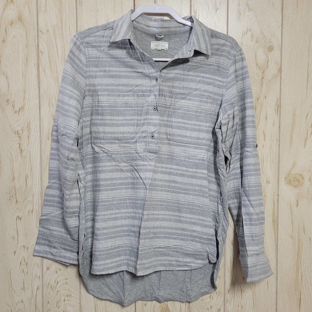 LOU & GREY Half Button Down Gray Stripe Blouse M